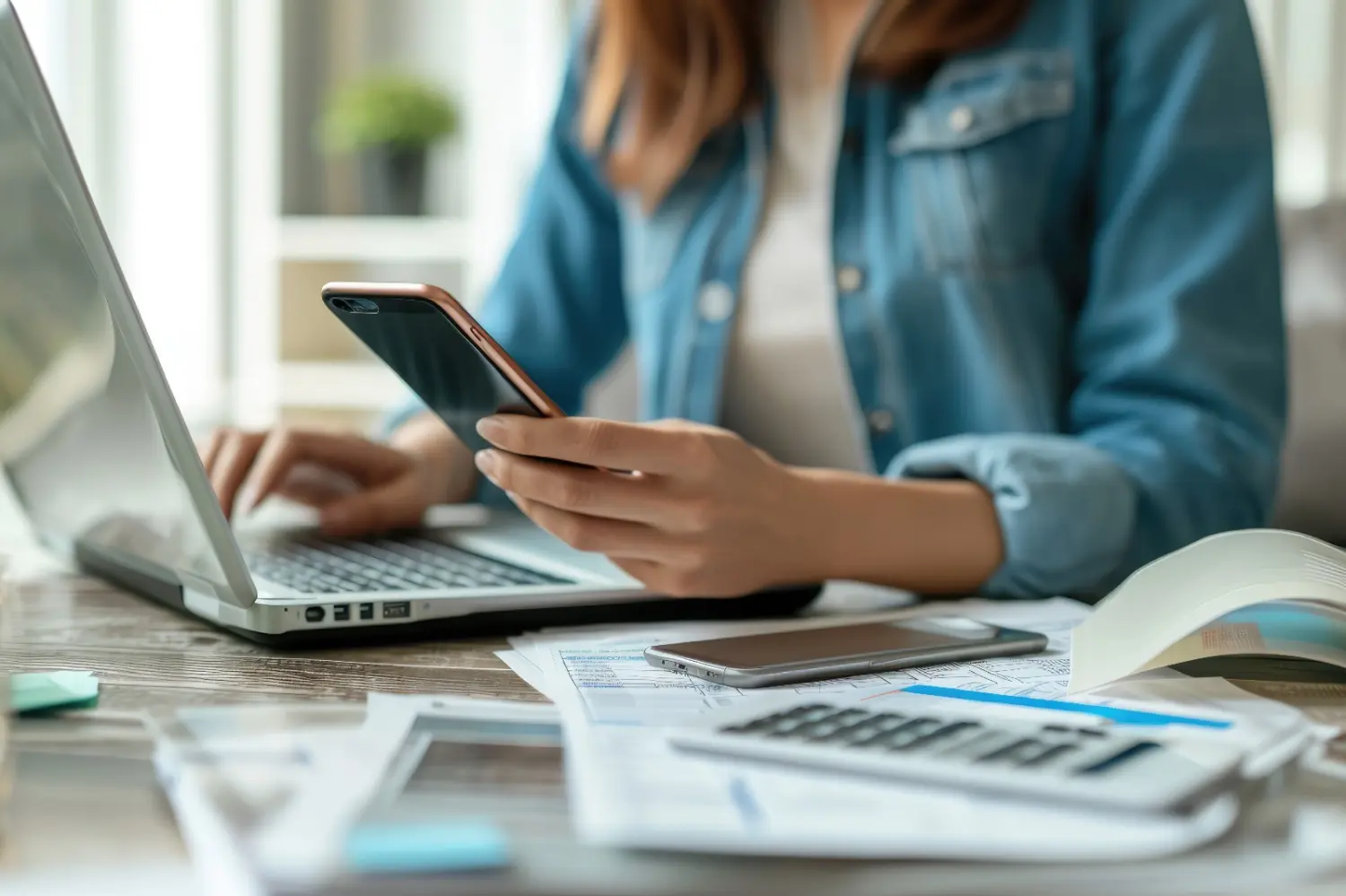 Frau verwaltet ihre Haushaltsfinanzen mithilfe einer Smartphone-Rechner-App und eines Laptops