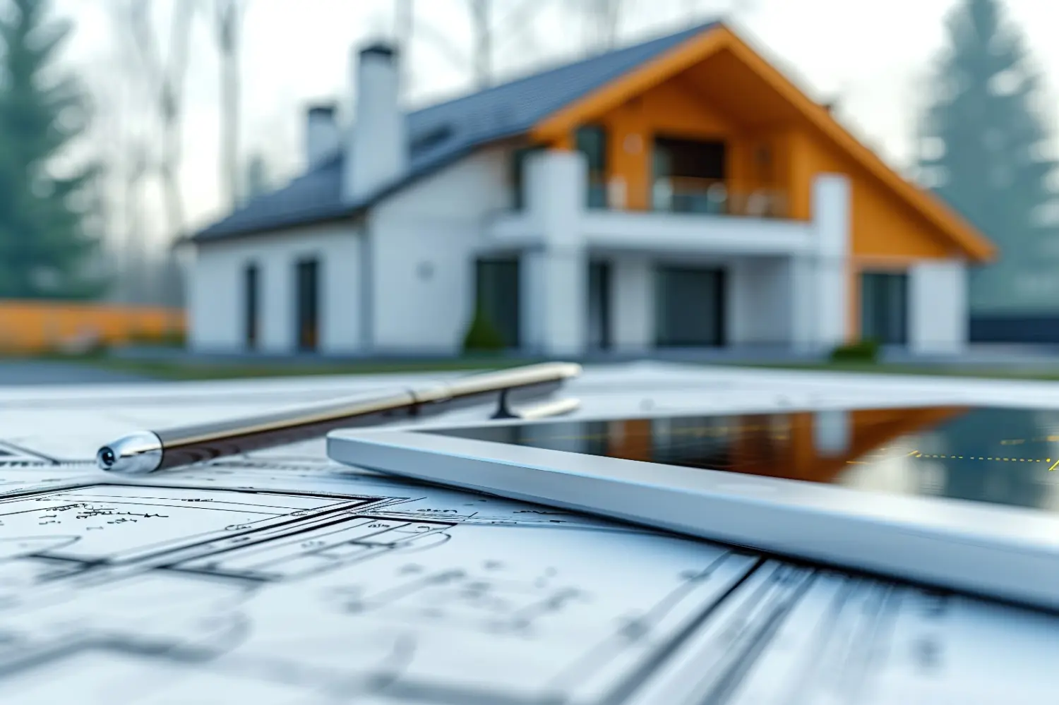 Vom Konzept zur Umsetzung: Architekturpläne und ein Bleistift im Vordergrund, im Hintergrund ein neu errichtetes Haus